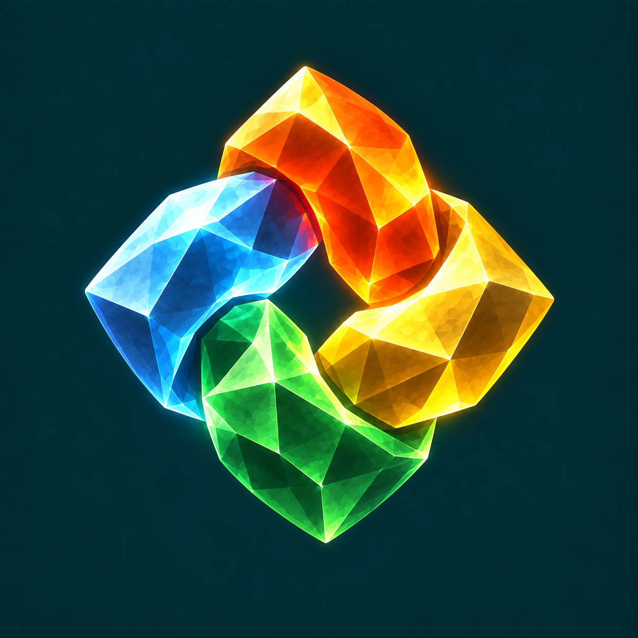 Four interlinked elemental rings in faceted orange, blue, gold, and green glass